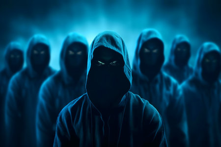 Mysterious hooded figures in a dark, misty setting. A sense of unease and suspense.
