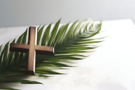 Wooden cross on palm leaf. Symbol of faith, hope, and renewal.の写真素材