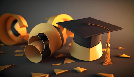A 3D render of a graduation cap with golden accents, symbolizing academic success and future...