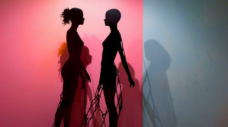 Two female silhouettes face each other against a split pink and blue wall. The photo is a still-life...