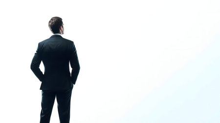 A businessman in a suit, seen from behind, contemplates the future. He gazes towards a bright horizon symbolizing ambition and potential.の写真素材