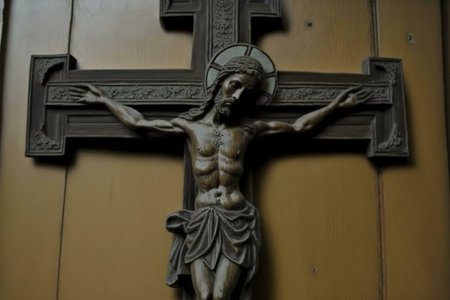 A close-up view of a crucifix, depicting Jesus Christ on the cross. A some religious image.の写真素材