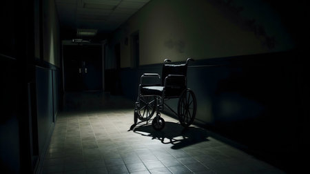 A single wheelchair sits in a dimly lit hospital corridor, creating an eerie and unsettling atmosphere.の写真素材