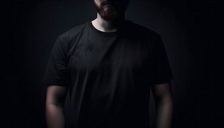 A dark and moody portrait of a man in a black t-shirt. Mysterious and intense.の写真素材