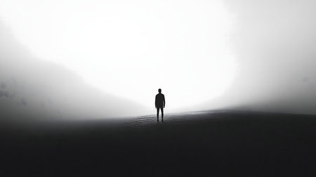 A solitary figure stands amidst a misty landscape, evoking feelings of contemplation and mystery.の写真素材
