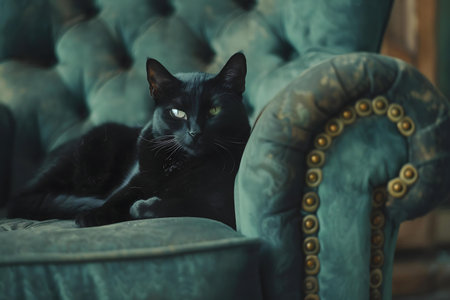 A stunning black cat lounges serenely on a beautiful teal velvet armchair.の写真素材