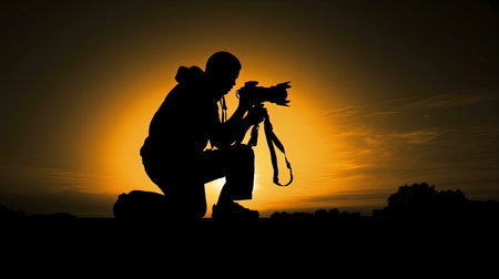 A photographer's silhouette is captured during a vibrant sunset, creating a powerful image.の写真素材
