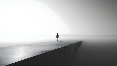 A solitary figure walks into a misty landscape, conveying a sense of mystery and journey.