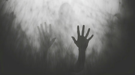 Silhouetted hands emerge from a dense, foggy background creating a mysterious and haunting scene.の写真素材