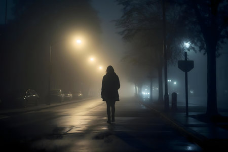 A woman walks alone on a foggy street at night, enveloped in the mystery of the city.の写真素材