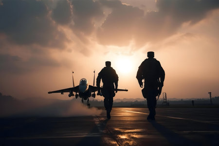 Two airmen walk towards the setting sun with a fighter jet in the background. A powerful image of military serviceの写真素材