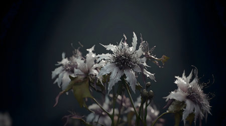 Close-up of ethereal, dark-toned flowers. A serene, artistic still life.の写真素材