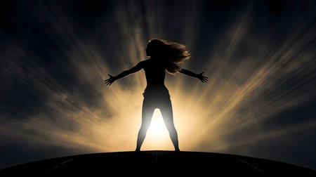 A powerful silhouette of a woman against a vibrant sunset, symbolizing hope, freedom and inner strength.の写真素材