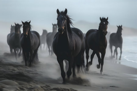 A breathtaking sight of wild black horses running freely along a misty beach.の写真素材