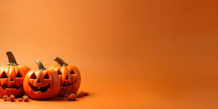 Three grinning jack-o'-lanterns sit against a vibrant orange backdrop.の写真素材