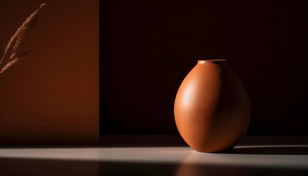A terracotta vase, bathed in light, against a dark backdrop. Minimalist photography.の写真素材
