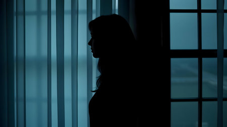 A silhouette of a woman stands by a window at night, lost in thought.の写真素材