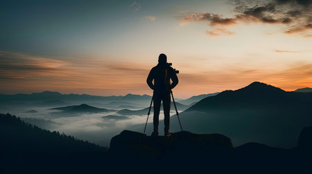 A lone photographer captures the sunrise over a sea of fog in the mountains.の写真素材