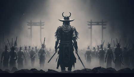 A lone samurai leads his army through a misty landscape towards a torii gate.の写真素材