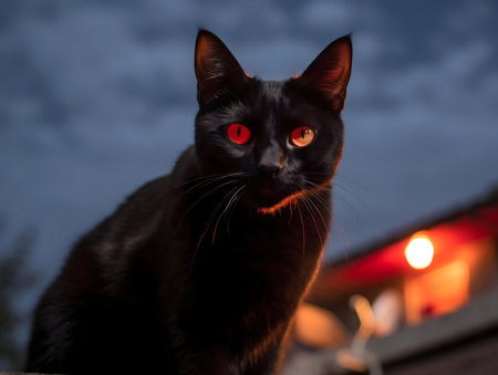 A captivating image of a black cat with glowing red eyes, at dusk. Mysterious and beautiful.の写真素材