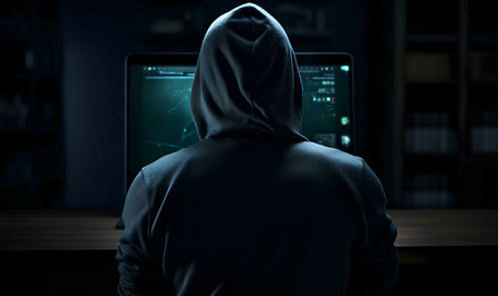 Mysterious hacker at night, working on a computer, dark atmosphere.の写真素材