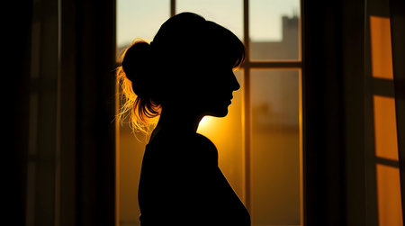A silhouette of a woman stands by a window, bathed in the warm glow of the setting sun.の写真素材