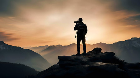 A photographer captures the stunning sunrise over a mountain range.の写真素材