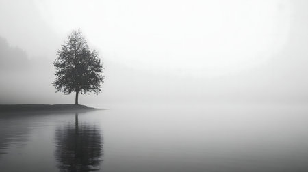 A lone tree reflected in a misty lake. Monochromatic image.の写真素材