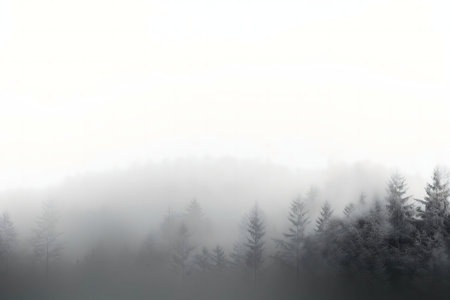 Misty forest scene, serene winter landscape. Peaceful and calm atmosphere.の写真素材