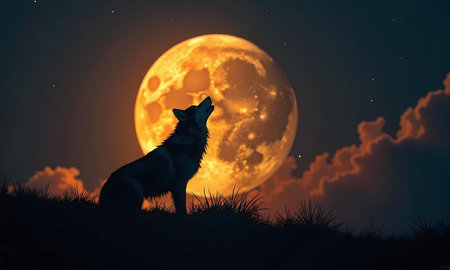 A lone wolf silhouetted against a giant harvest moon, howling under the night sky.