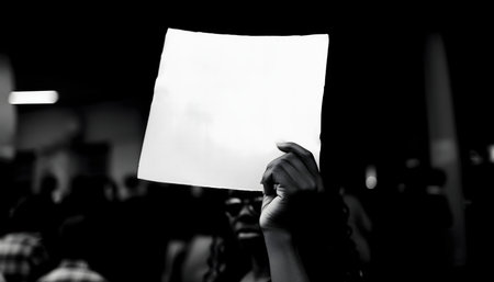 A grayscale photo captures a person holding a blank sign, their identity hidden from view amidst a...