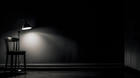 A lone chair sits illuminated by a single lamp in a dark room. A feeling of peace.