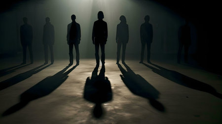 Seven shadowy figures stand in a dimly lit room. Their silhouettes and long shadows create a mysterious atmosphere.の写真素材
