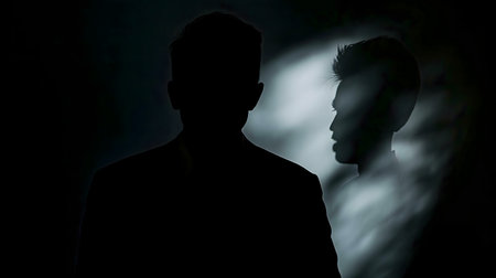 Two shadowy figures, one clear, one fading, create a sense of mystery and intrigue.の写真素材