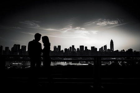 Silhouetted couple gazing at the beautiful city lights at dusk.の写真素材