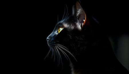 A captivating close-up profile of a black cat, its golden eyes gleaming in the darkness.の写真素材