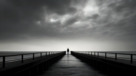 A solitary figure stands on a long pier extending into a calm sea under a dramatic sky. Black and white photography.の写真素材