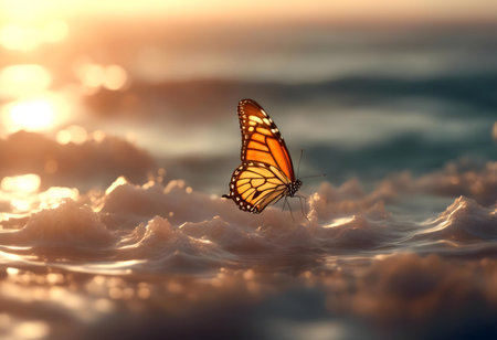 A monarch butterfly rests on ocean foam during a breathtaking sunset. Golden hour light bathes the scene.の写真素材