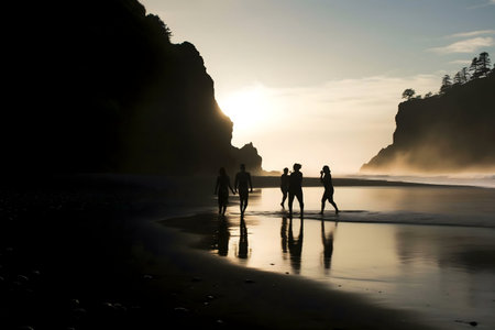 Silhouetted friends enjoy a sunset on a beach.の写真素材