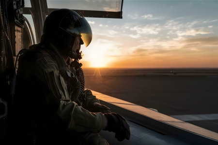 A pilot silhouetted against a vibrant sunset, seen from inside a helicopter.の写真素材