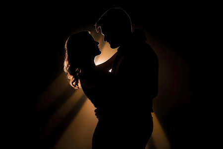 A romantic silhouette of a couple embracing in the dark, illuminated by a warm light.の写真素材