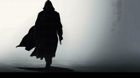 A hooded figure walks through a dense fog. Mystery and suspense fill the scene.