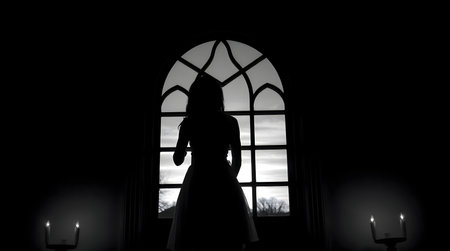 A black and white silhouette of a woman in a dress, standing by a large window at dusk.の写真素材