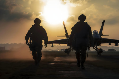 Two soldiers silhouetted against a sunset, walking toward a fighter jet on an airbase.