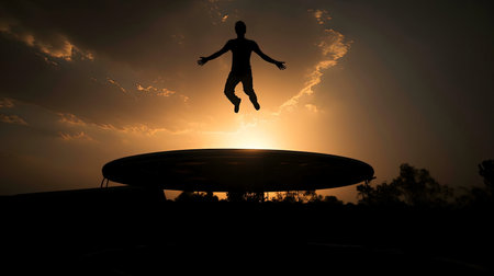 Silhouette of a person jumping on a trampoline during a vibrant sunset.の写真素材