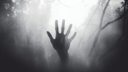 A grayscale image of a hand reaching out from a dark, foggy forest. Mysterious and hauntingの写真素材