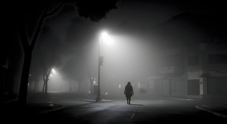 A person walks alone on a foggy night street. The scene is dramatic and mysterious.