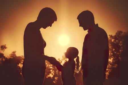 Silhouette of a family at sunset, parents and their young daughter holding hands. A beautiful golden...