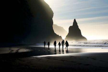 Five silhouettes walk along a beach at sunset, dramatic cliffs frame the scene.の写真素材
