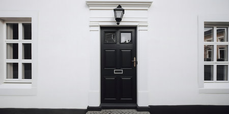 A sleek black door contrasts sharply against a clean white house exterior, accented by elegant...